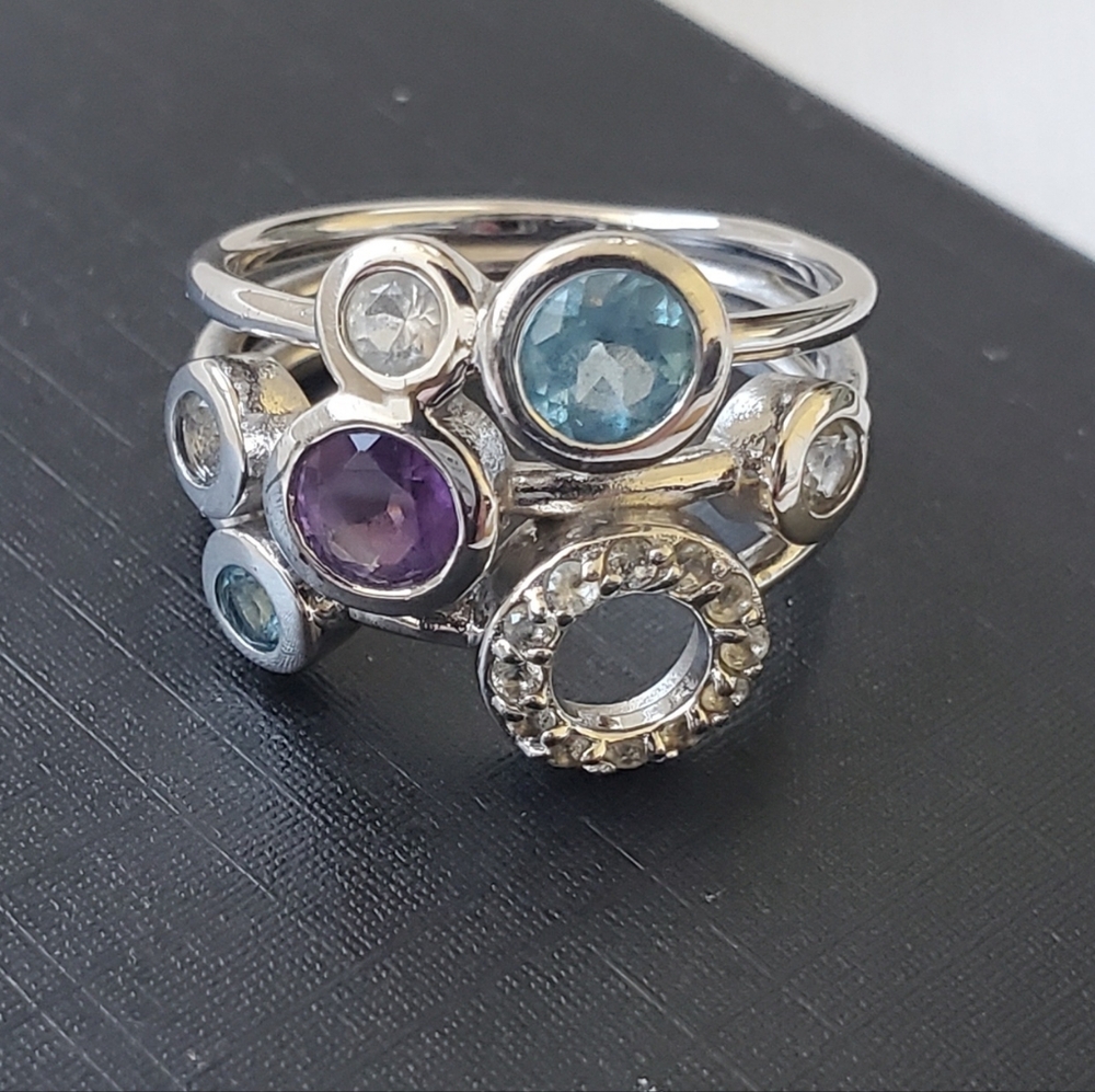 Multi Color Rhinestone Ring Set In Silver, Size 8 1/2